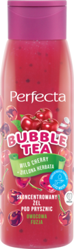 Perfecta Bubble Tea żel pod prysznic Wiśnia Zielona Herbata, w przezroczystej butelce z czerwonym płynem.
