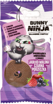 Fioletowe opakowanie przekąski owocowej Bunny Ninja jabłko, malina, czarna porzeczka, z królikiem, widok z przodu.