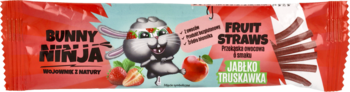 Czerwone opakowanie przekąski owocowej Bunny Ninja Fruit Straws, jabłko-truskawka. Widok z przodu.