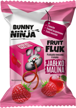 Opakowanie Bunny Ninja Fruit Fluk Jabłko Malina, różowo-biała saszetka z rysunkiem królika i świeżymi owocami.