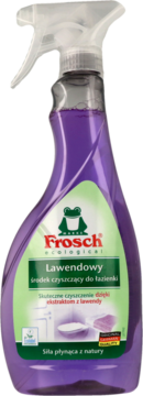 Frosch Lawendowy ekologiczny płyn do łazienki, fioletowa butelka ze spryskiwaczem, widok z przodu.