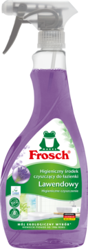 Frosch Lawendowy środek do łazienki, fioletowa butelka z atomizerem, widok z przodu, logo żabki.