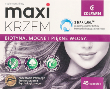 Biało-fioletowe opakowanie suplementu Maxi Krzem Colfarm na mocne włosy z biotyną, widok z przodu, 45 kapsułek.