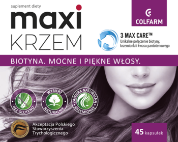 Front pudełka Maxi Krzem Colfarm z biotyną i krzemem na mocne, piękne włosy. Biało-fioletowe, z wizerunkiem długich włosów.