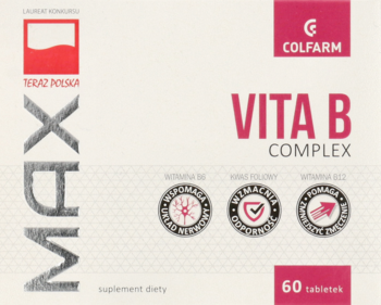 Przód białego pudełka suplementu diety Vita B Complex Colfarm z witaminami B, 60 tabletek.