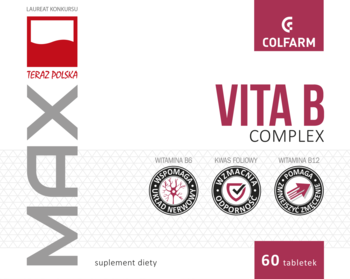 Białe opakowanie Colfarm VITA B COMPLEX suplementu diety z czerwonym napisem i logo, 60 tabletek, widok z przodu.