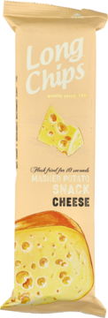 Long Chips Cheese, beżowe opakowanie przekąsek ziemniaczanych, z obrazkiem sera i napisem "Mashed Potato Snack".