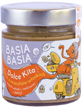 Szklany słoik kremu Basia Basia Dolce Kita z orzechów włoskich, nerkowców i daktyli, na etykiecie wiewiórka.