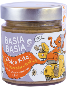 Szklany słoik kremu Basia Basia Dolce Kita z orzechów włoskich, nerkowców i daktyli, na etykiecie wiewiórka.