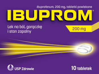 Fioletowe pudełko leku Ibuprom 200 mg, tabletki na ból, z żółtym logo i grafiką świetlistej tabletki.