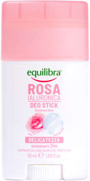 Biały dezodorant Equilibra Rosa Ialuronica Deo Stick, z różową nakrętką i ilustracją róży, widok z przodu.