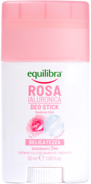 Biały dezodorant Equilibra Rosa Ialuronica Deo Stick, z różową nakrętką i ilustracją róży, widok z przodu.