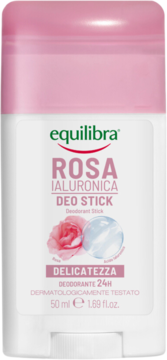 Equilibra Rosa Ialuronica dezodorant w sztyfcie, biało-różowy, widok z przodu, z grafiką róży i kwasu hialuronowego.