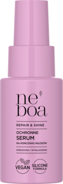 Różowe serum Neboa Repair & Shine, widok z przodu. Opakowanie z napisem "OCHRONNE SERUM NA KOŃCÓWKI WŁOSÓW", "VEGAN".