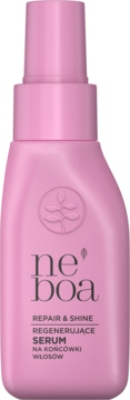 Neboa Repair & Shine regenerujące serum na końcówki włosów, różowa butelka z atomizerem, widok z przodu.