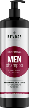Revoss Professional Men szampon przeciw wypadaniu włosów z kofeiną w czarnej butelce z pompką, widok z przodu.