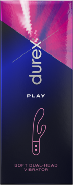 Durex Play Soft Dual-Head Vibrator, ciemne opakowanie z różowym logo i konturem produktu.