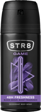 Czarny dezodorant STR8 GAME, z fioletowym wzorem i napisem 48H FRESHNESS, widok frontalny.