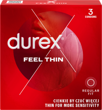 Czerwone pudełko prezerwatyw Durex Feel Thin 3 sztuki, cienkich dla większej czułości, widok z przodu.