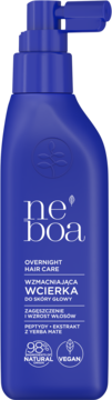 Ciemnoniebieska butelka Neboa Overnight Hair Care z pompką, wcierka do skóry głowy, widok z przodu.