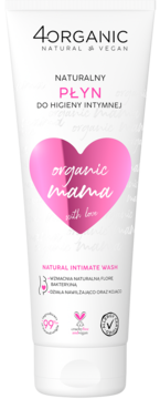 Biała tubka 4Organic Natural Intimate Wash Organic Mama dla kobiet w ciąży, z różowym sercem i napisem, widok z przodu.
