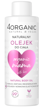 Biały olejek do ciała 4Organic organic mama z różowym sercem, naturalny, wegański, widok z przodu.