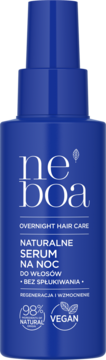 Granatowe serum do włosów Neboa Overnight Hair Care w butelce z pompką, front, 98% naturalne, wegańskie.