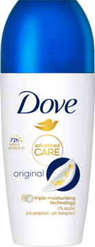 Antyperspirant w kulce Dove Advanced Care Original, biało-niebieski, ze złotym logo, widok z przodu.