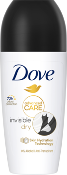 Biały antyperspirant w kulce Dove Advanced Care Invisible Dry 72h z czarną nakrętką, widok z przodu.