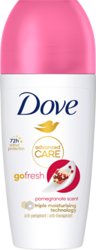 Biały sztyft Dove Advanced Care Go Fresh Granat 72h antiperspirant z różową nakrętką, widok z przodu.