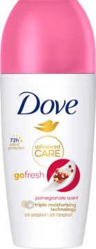 Biały sztyft Dove Advanced Care Go Fresh Granat 72h antiperspirant z różową nakrętką, widok z przodu.