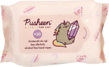 Różowe opakowanie bezalkoholowych chusteczek do rąk Pusheen z jednorożcem i kryształami, widok z przodu.