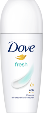 Biały antyperspirant Dove Fresh w kulce, widok z przodu, z napisem 48h, 0% alkoholu i ¼ kremu.