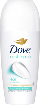 Biały antyperspirant Dove Fresh Care w kulce, widok z przodu. Ochrona 48h, 1/4 kremu nawilżającego.
