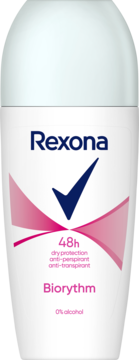 Biały antyperspirant Rexona Biorythm 48h w kulce, z różowymi akcentami i niebieskim logo, widok z przodu.