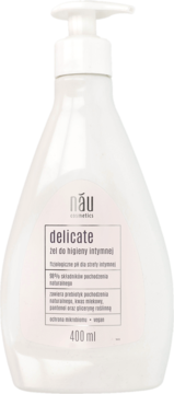 Biały żel intymny Nau Cosmetics Delicate 400ml, butelka z pompką, widok z przodu, 96% naturalnych składników.
