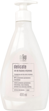 Biały żel intymny Nau Cosmetics Delicate 400ml, butelka z pompką, widok z przodu, 96% naturalnych składników.