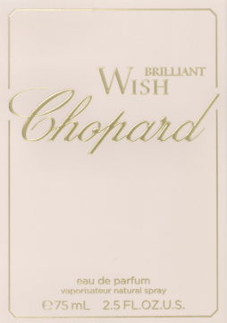Chopard Brilliant Wish Eau de Parfum, jasnoróżowe opakowanie z złotymi napisami, widok z przodu.