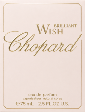 Chopard Brilliant Wish woda perfumowana, jasnoróżowe pudełko ze złotym napisem, widok z przodu, 75 ml.