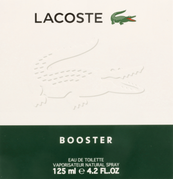 Lacoste Booster woda toaletowa, pudełko w bieli i zieleni z napisami i wytłoczonym logo krokodyla, widok z przodu.