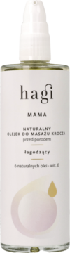Hagi MAMA łagodzący olejek do masażu krocza przed porodem, butelka z białą pompką, widok z przodu.