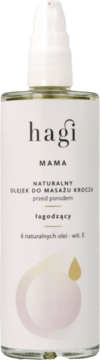 Hagi MAMA łagodzący olejek do masażu krocza przed porodem, butelka z białą pompką, widok z przodu.