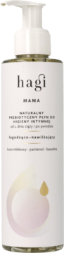 Biała butelka Hagi Mama, naturalny prebiotyczny płyn do higieny intymnej dla kobiet w ciąży i po porodzie, przód.