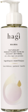 Biała butelka Hagi Mama, naturalny prebiotyczny płyn do higieny intymnej dla kobiet w ciąży i po porodzie, przód.