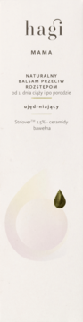 Hagi Mama Naturalny Balsam Przeciw Rozstępom, ujędrniający. Białe opakowanie z beżową grafiką i zieloną kroplą.