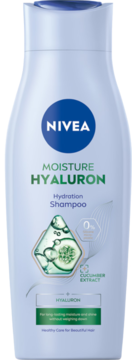 Nivea Moisture Hyaluron Hydration Shampoo, jasnoniebieska butelka, front, z kwasem hialuronowym i ogórkiem.
