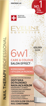 Eveline Nail Therapy Professional 6w1 Golden Glow, biała butelka, widok z przodu, odżywka do paznokci ze złotymi drobinkami.
