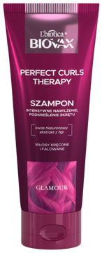 Biovax Perfect Curls Therapy szampon nawilżający do włosów kręconych, różowa tuba, widok z przodu.