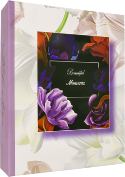 Elegancki album na zdjęcia "Beautiful Moments" z fioletowo-czerwonymi kwiatami na czarnej okładce, widok z boku.