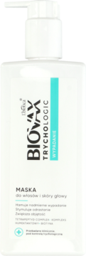 Biovax TrychoLogic Maska do włosów wypadających, stymulująca odrastanie, biała butelka, widok z przodu.